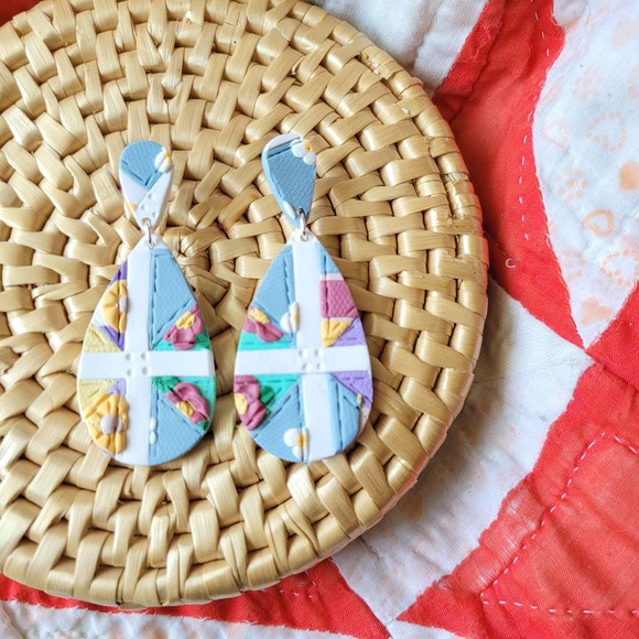 OWLTOPUS Jewelry - Patchwork Quilt Earrings Polymer Clay Teardrop